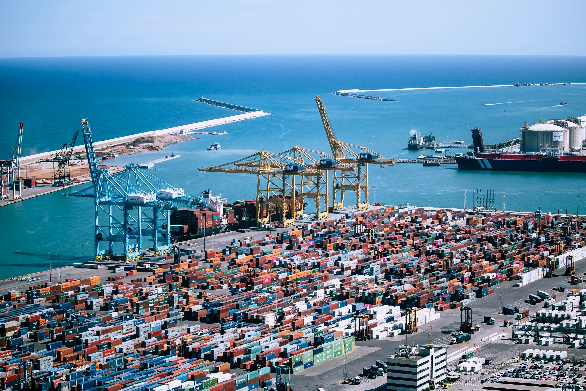 Container terminal with ship-to-shore cranes loading cargo